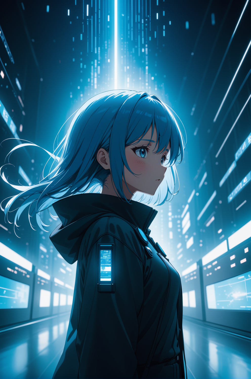 anime opening, (1girl), solo, Quantum Realities aesthetic in Sky blue theme atmosphere, (wallpaper style), matrix, movie t...